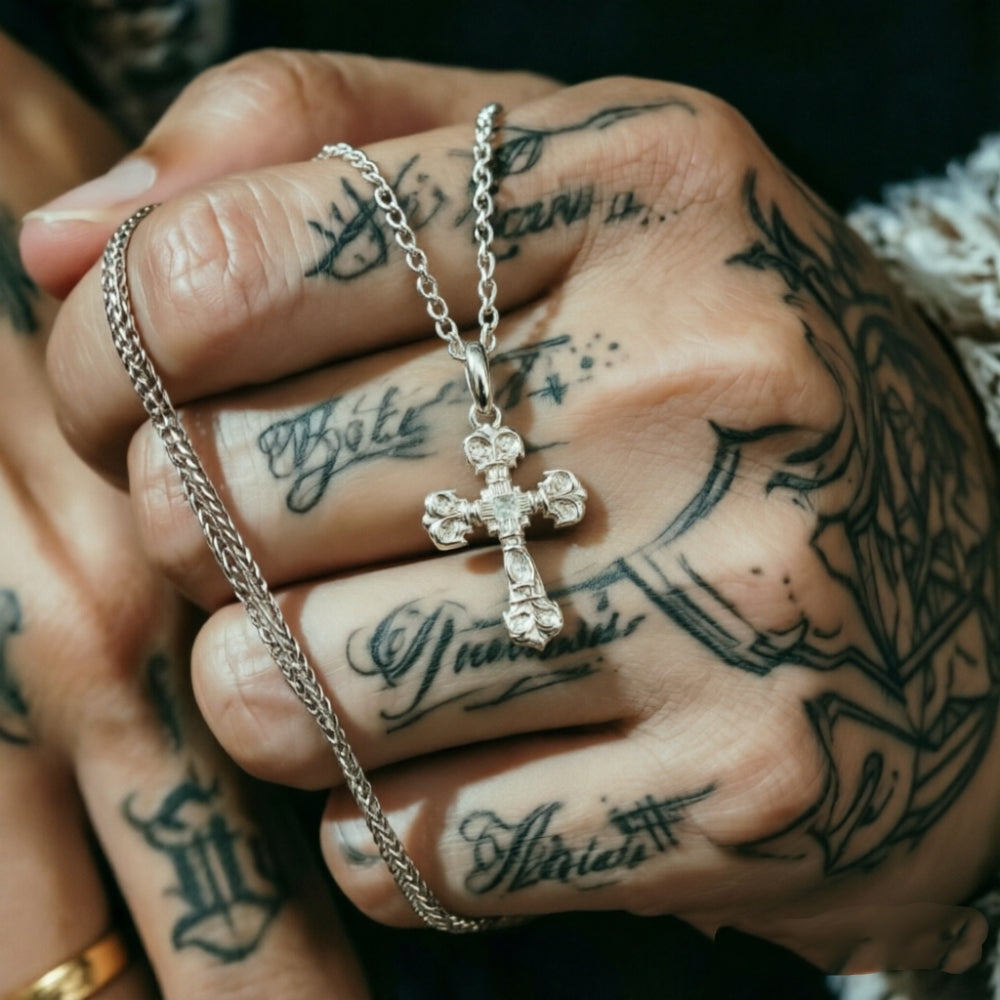 Statement Baguette Diamond Cross Pendant, Cord Necklace