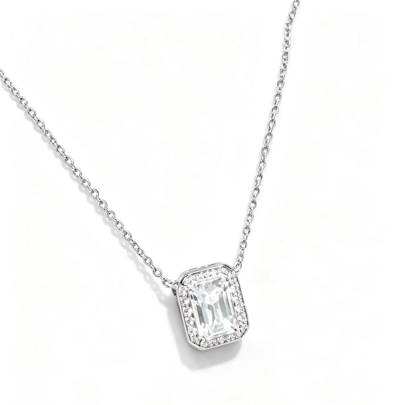 Emerald -Cut Halo Pendant Necklace_ Unisex Sterling Silver Chain
