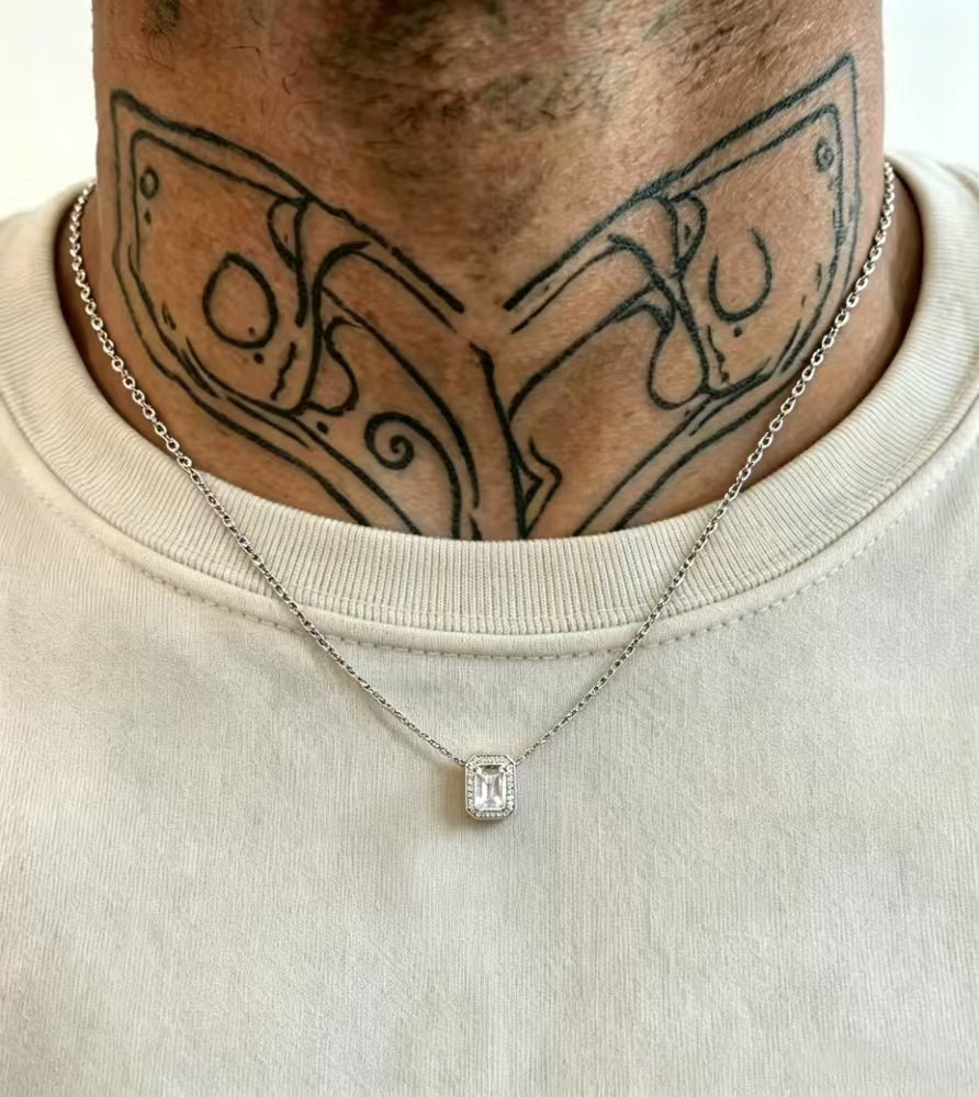 Emerald -Cut Halo Pendant Necklace_ Unisex Sterling Silver Chain