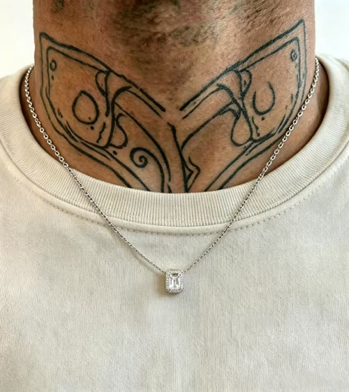 Emerald -Cut Halo Pendant Necklace_ Unisex Sterling Silver Chain