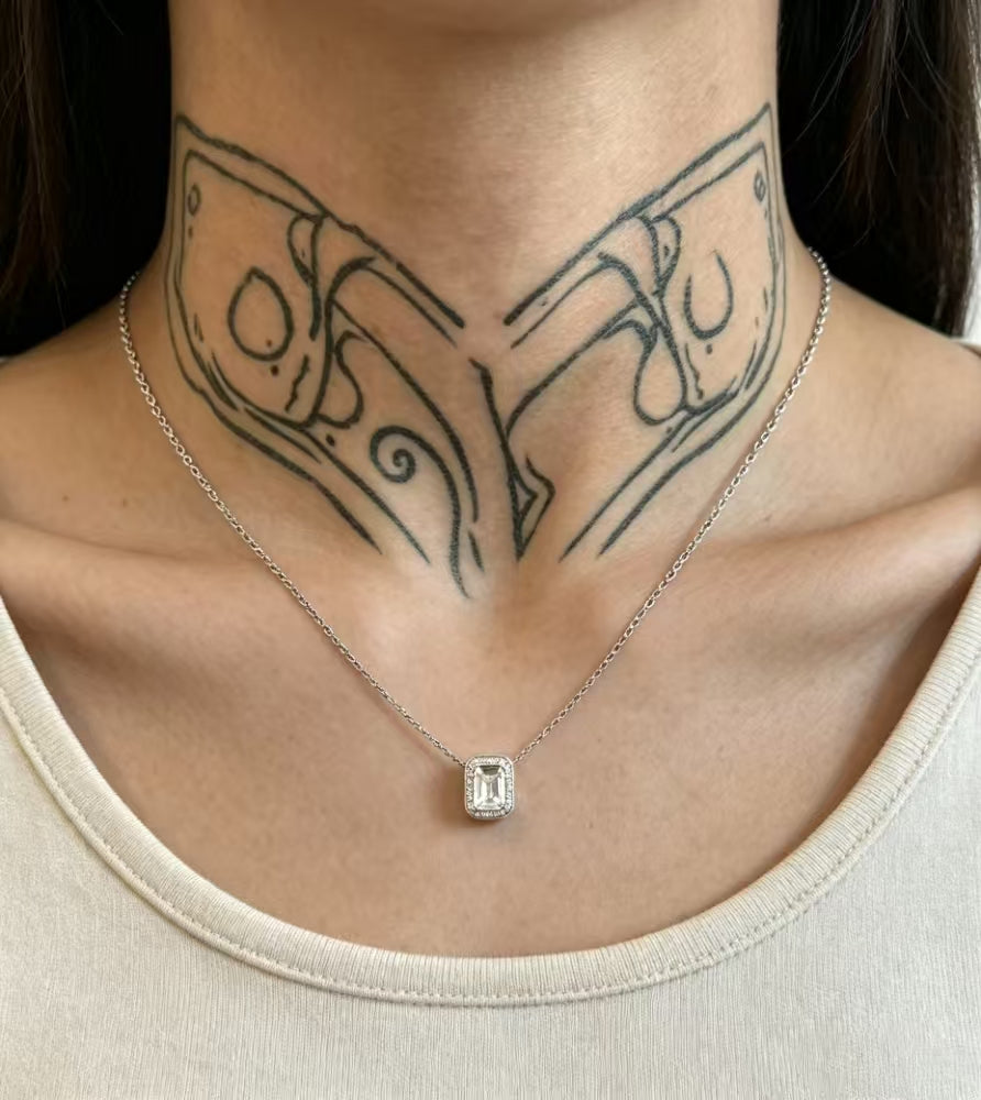 Emerald -Cut Halo Pendant Necklace_ Unisex Sterling Silver Chain
