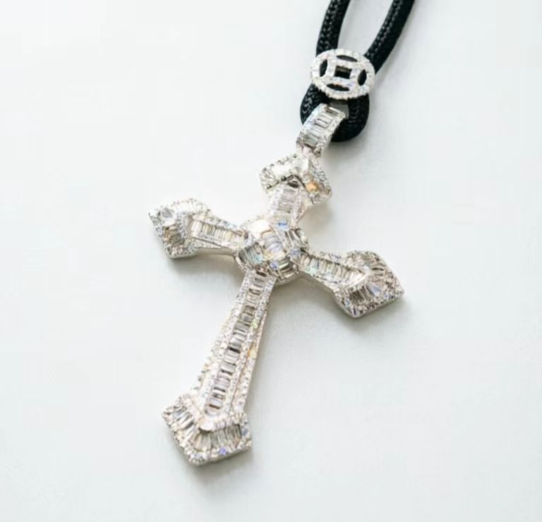 Statement Baguette Diamond Cross Pendant, Cord Necklace