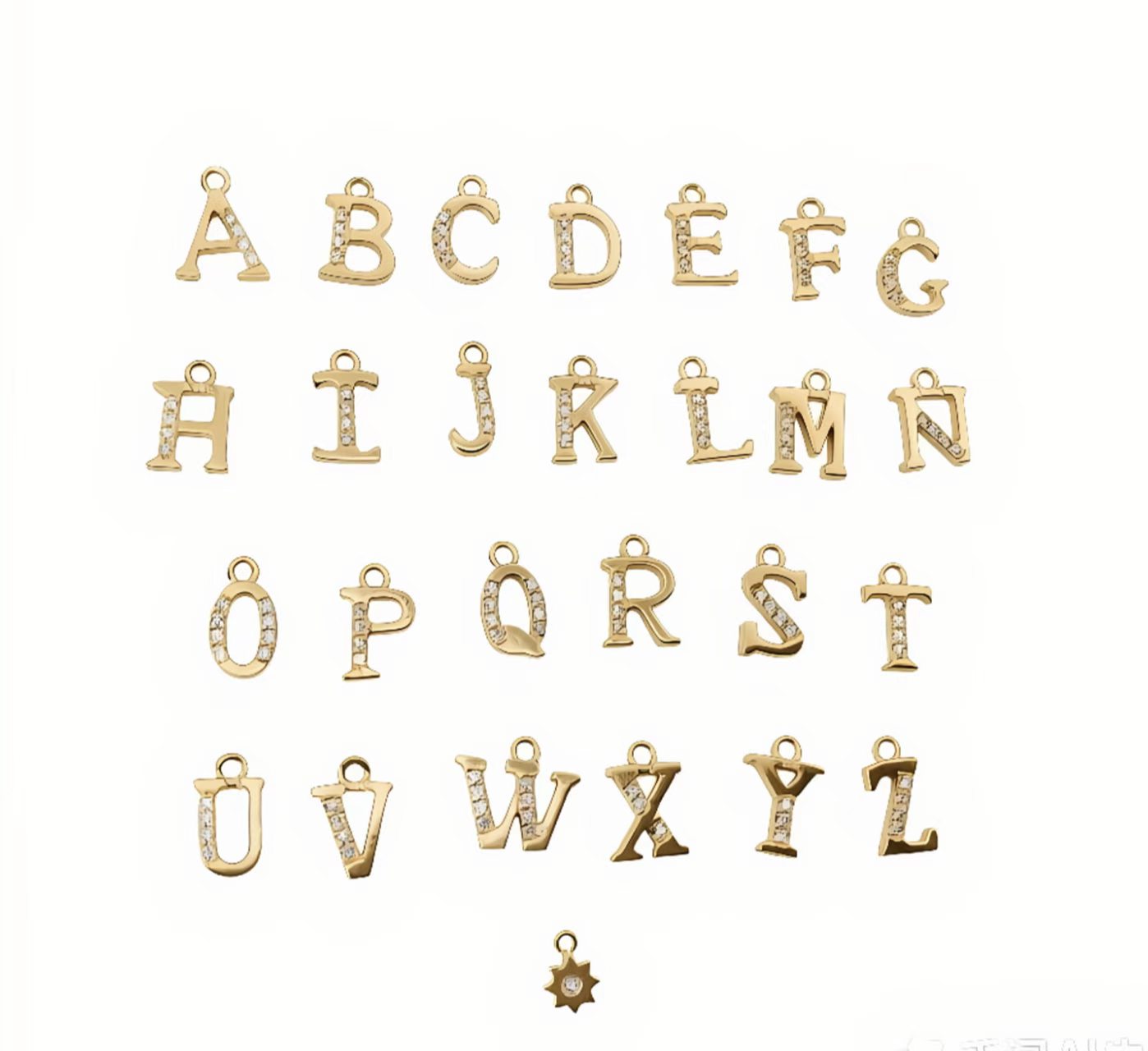 Gold pave initial charms, A through Z