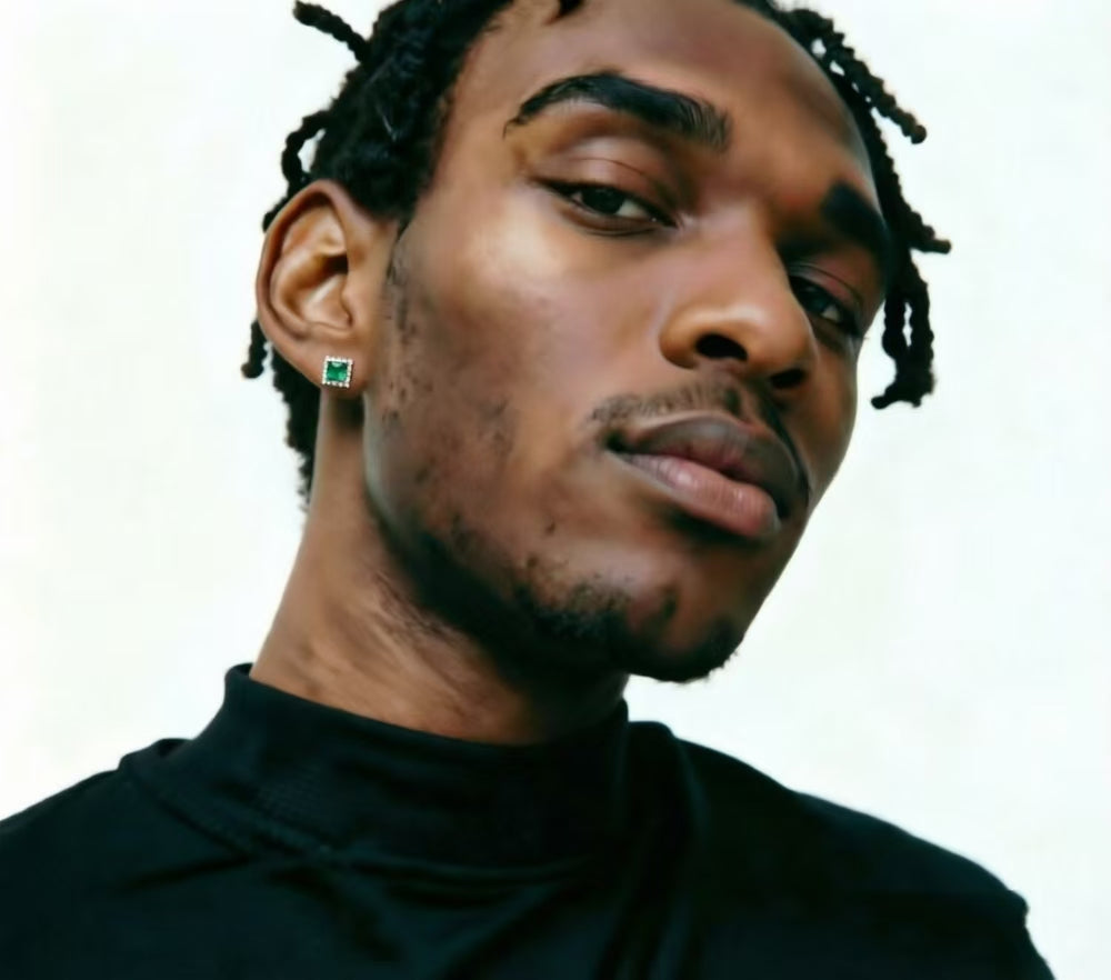 Emerald Halo Stud Earrings worn by male model
