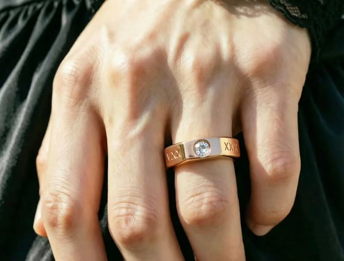 Roman Numeral Couple's Band close-up on hand